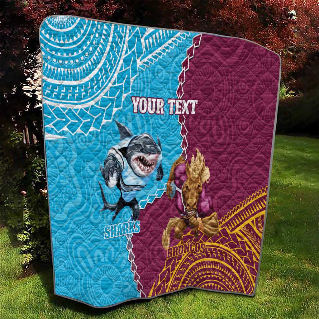 Personalised Sharks And Broncos Rugby Quilt Aboriginal Mix Polynesian Pattern