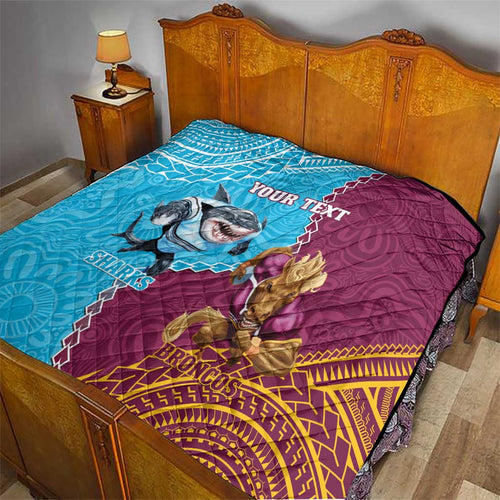 Personalised Sharks And Broncos Rugby Quilt Aboriginal Mix Polynesian Pattern