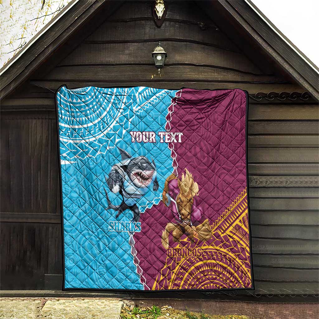 Personalised Sharks And Broncos Rugby Quilt Aboriginal Mix Polynesian Pattern
