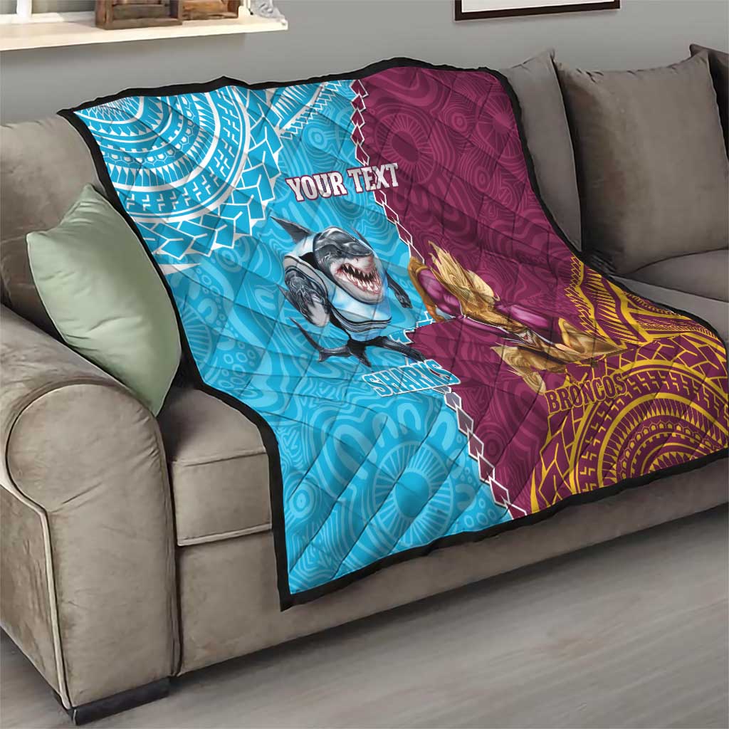 Personalised Sharks And Broncos Rugby Quilt Aboriginal Mix Polynesian Pattern