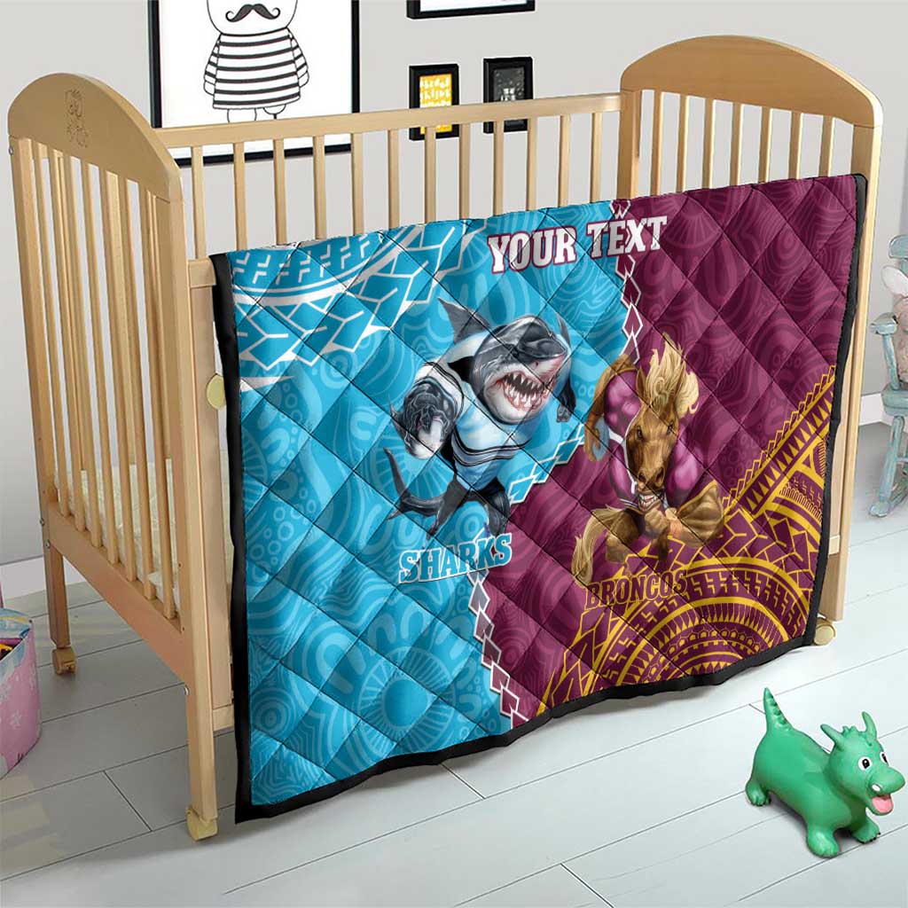Personalised Sharks And Broncos Rugby Quilt Aboriginal Mix Polynesian Pattern