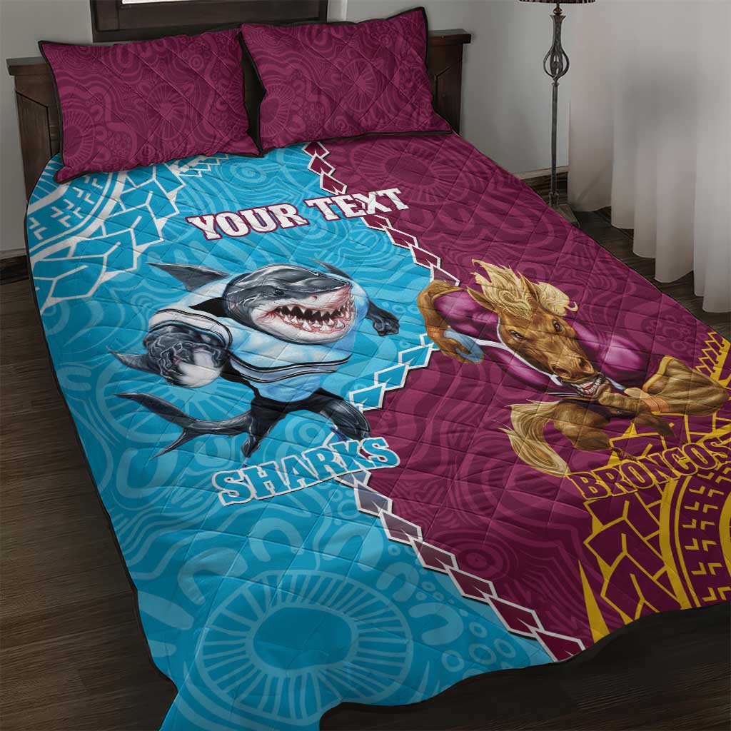 Personalised Sharks And Broncos Rugby Quilt Bed Set Aboriginal Mix Polynesian Pattern