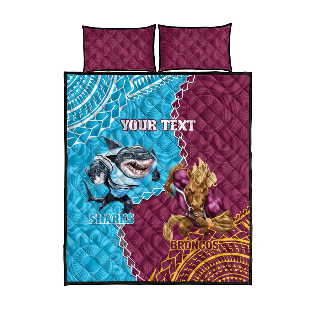 Personalised Sharks And Broncos Rugby Quilt Bed Set Aboriginal Mix Polynesian Pattern