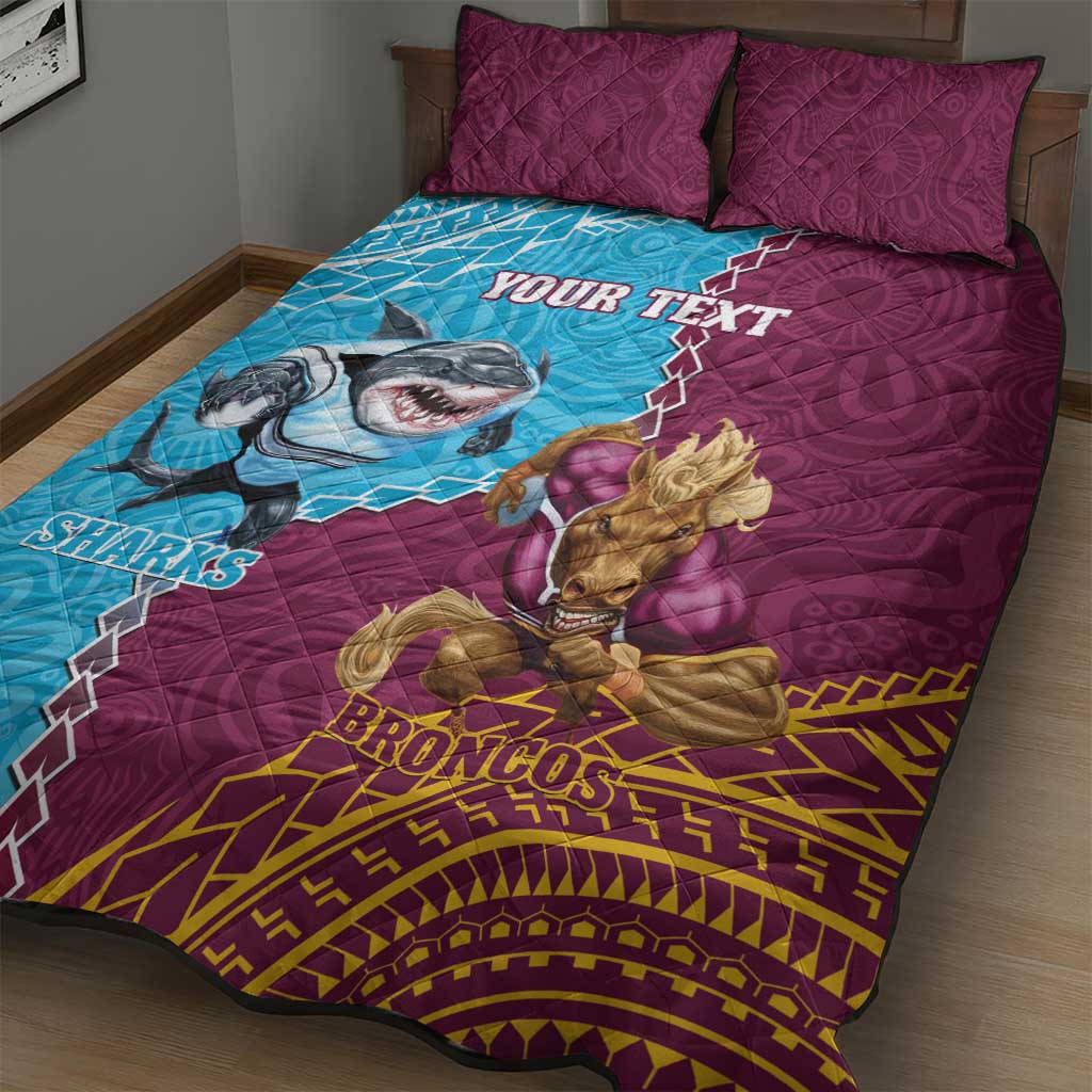 Personalised Sharks And Broncos Rugby Quilt Bed Set Aboriginal Mix Polynesian Pattern