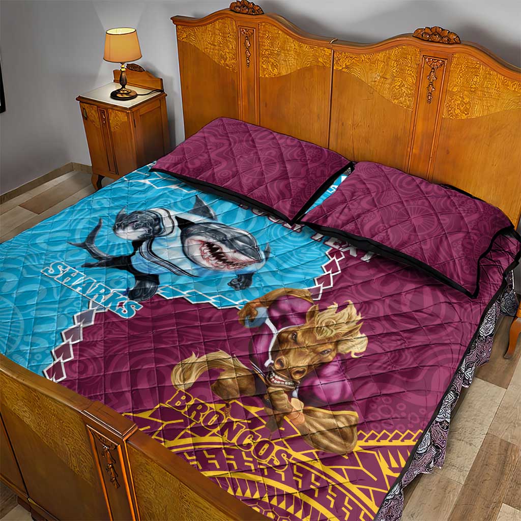 Personalised Sharks And Broncos Rugby Quilt Bed Set Aboriginal Mix Polynesian Pattern