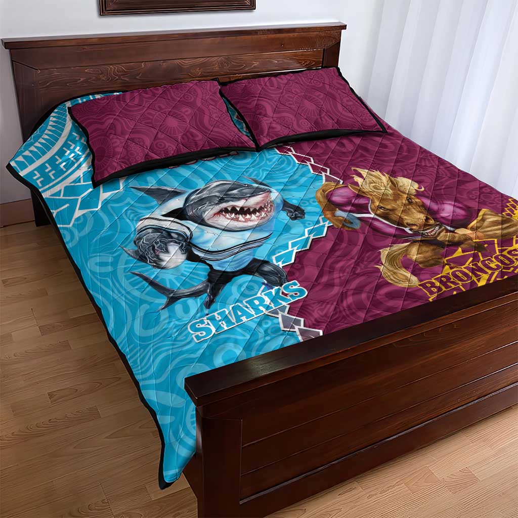 Personalised Sharks And Broncos Rugby Quilt Bed Set Aboriginal Mix Polynesian Pattern