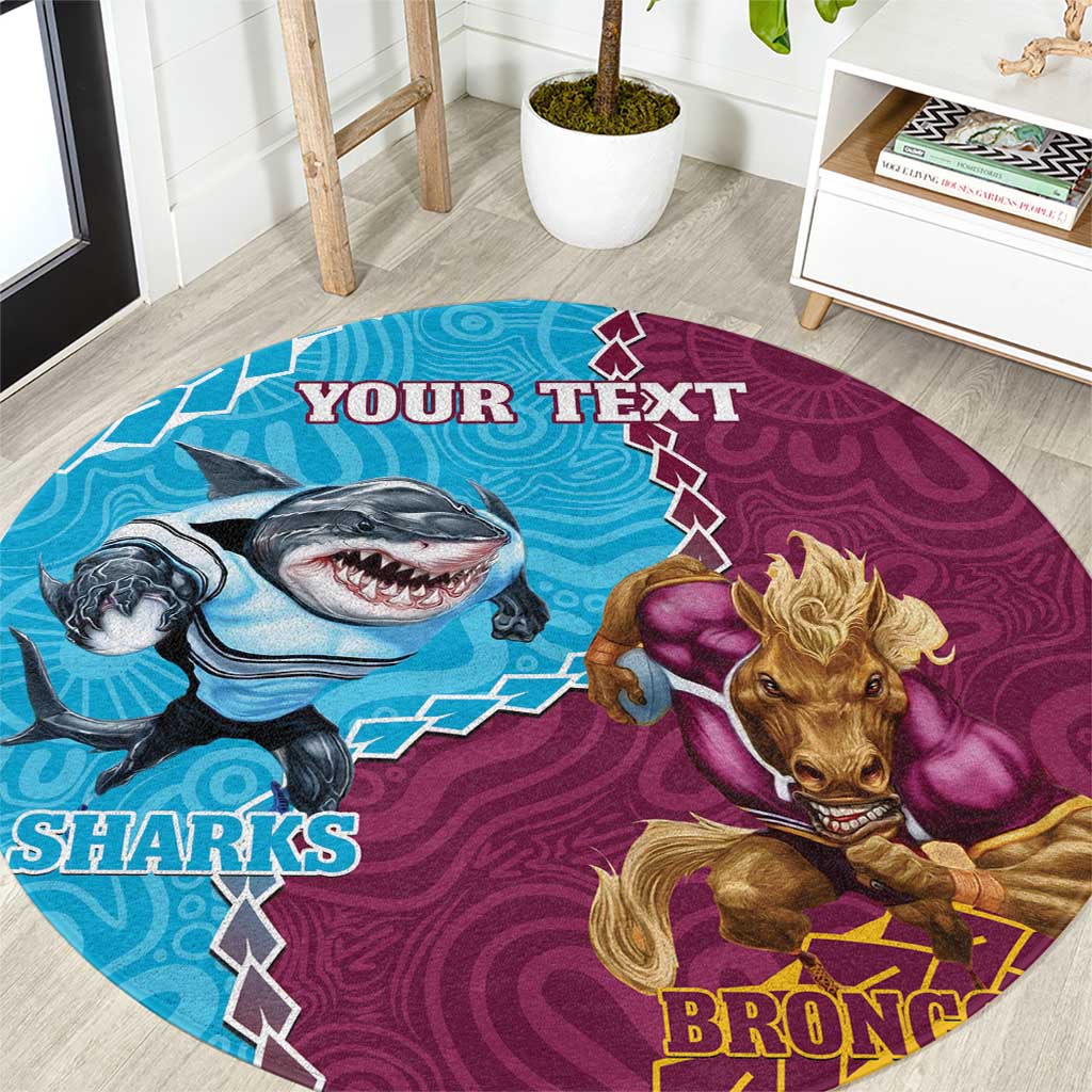 Personalised Sharks And Broncos Rugby Round Carpet Aboriginal Mix Polynesian Pattern
