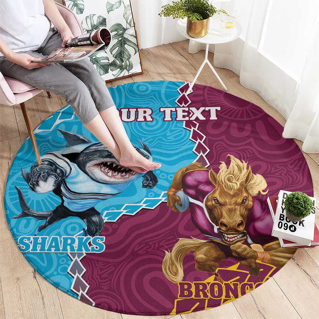 Personalised Sharks And Broncos Rugby Round Carpet Aboriginal Mix Polynesian Pattern