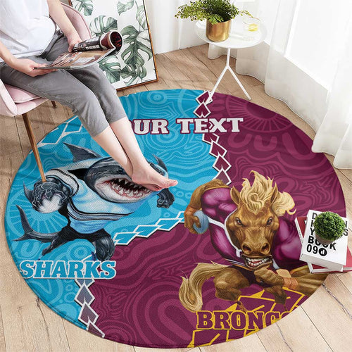 Personalised Sharks And Broncos Rugby Round Carpet Aboriginal Mix Polynesian Pattern