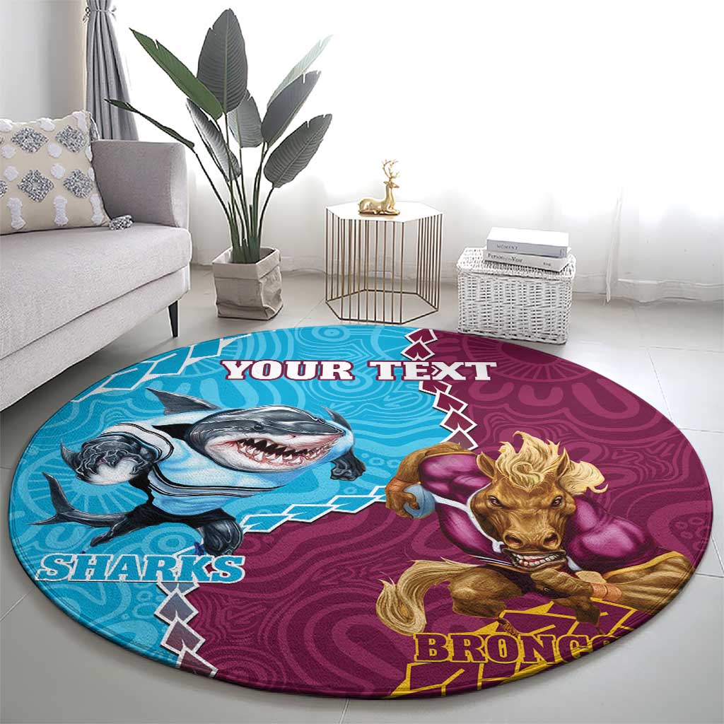 Personalised Sharks And Broncos Rugby Round Carpet Aboriginal Mix Polynesian Pattern