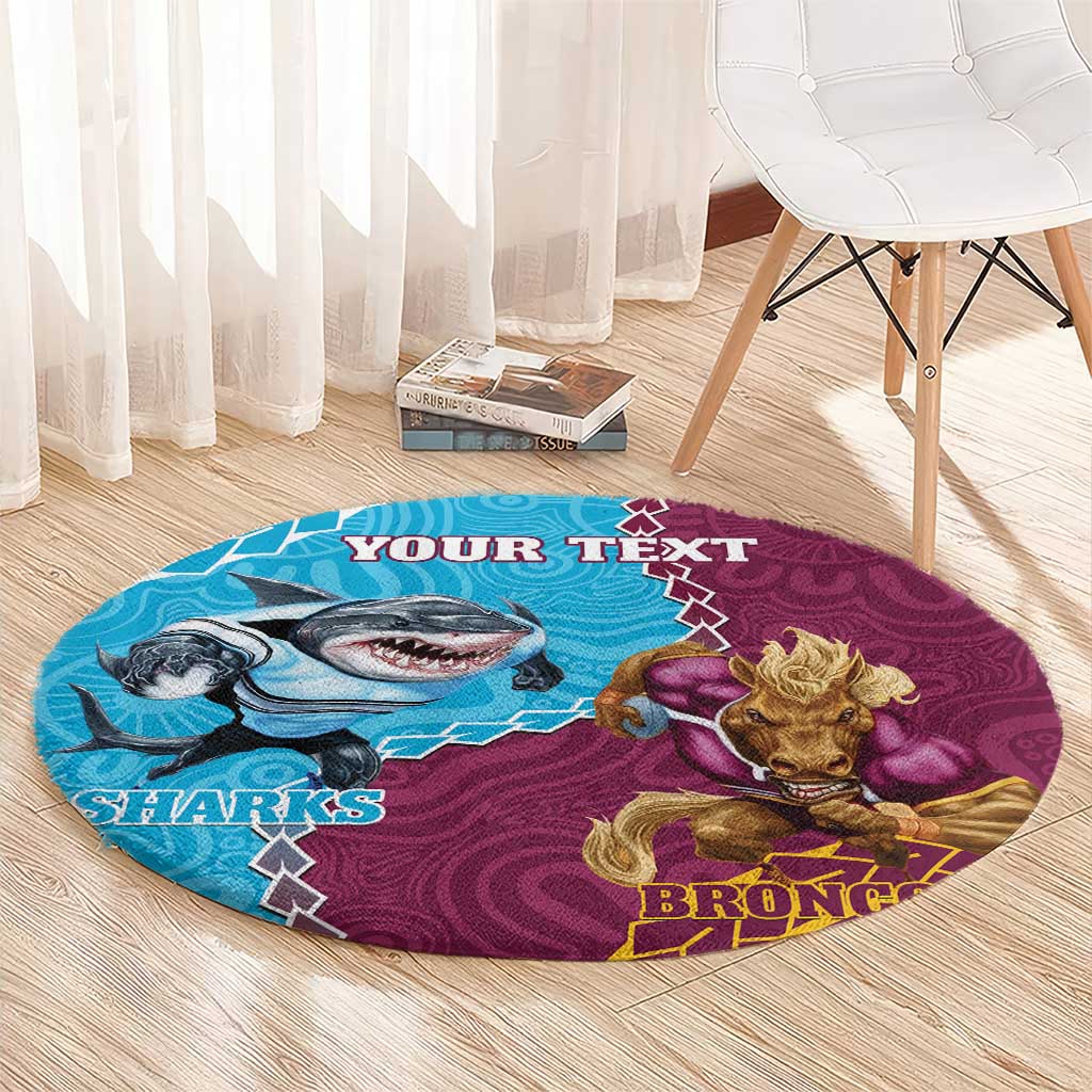 Personalised Sharks And Broncos Rugby Round Carpet Aboriginal Mix Polynesian Pattern