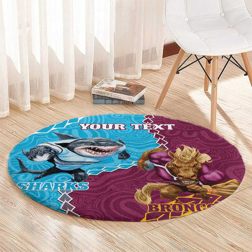 Personalised Sharks And Broncos Rugby Round Carpet Aboriginal Mix Polynesian Pattern