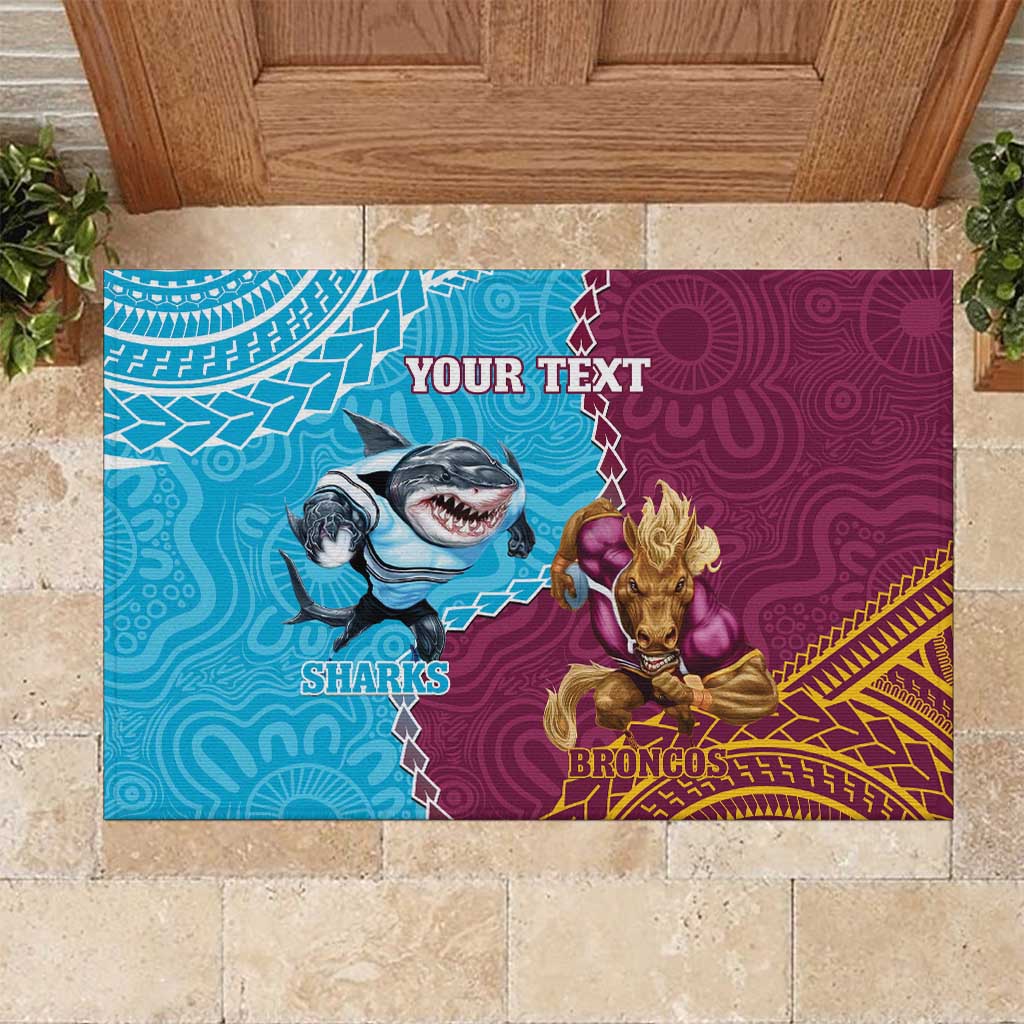 Personalised Sharks And Broncos Rugby Rubber Doormat Aboriginal Mix Polynesian Pattern