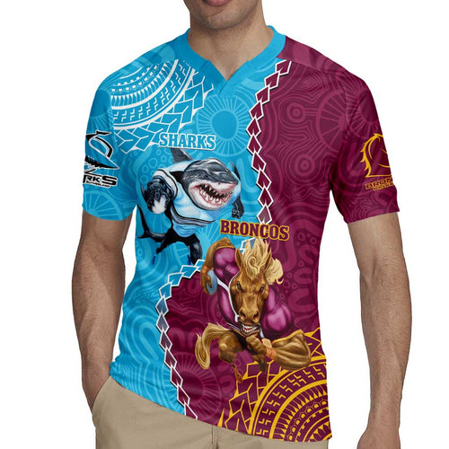 Personalised Sharks And Broncos Rugby Rugby Jersey Aboriginal Mix Polynesian Pattern