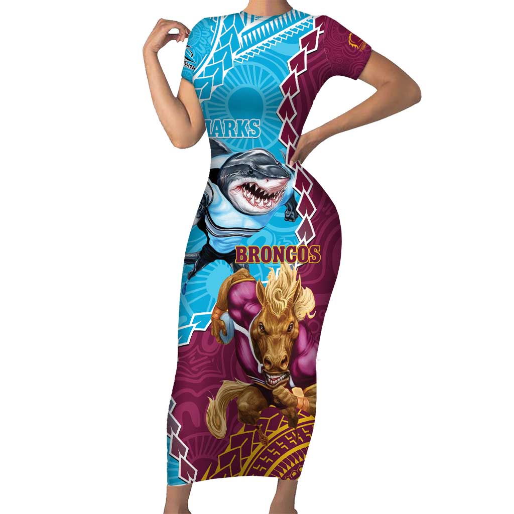 Personalised Sharks And Broncos Rugby Short Sleeve Bodycon Dress Aboriginal Mix Polynesian Pattern