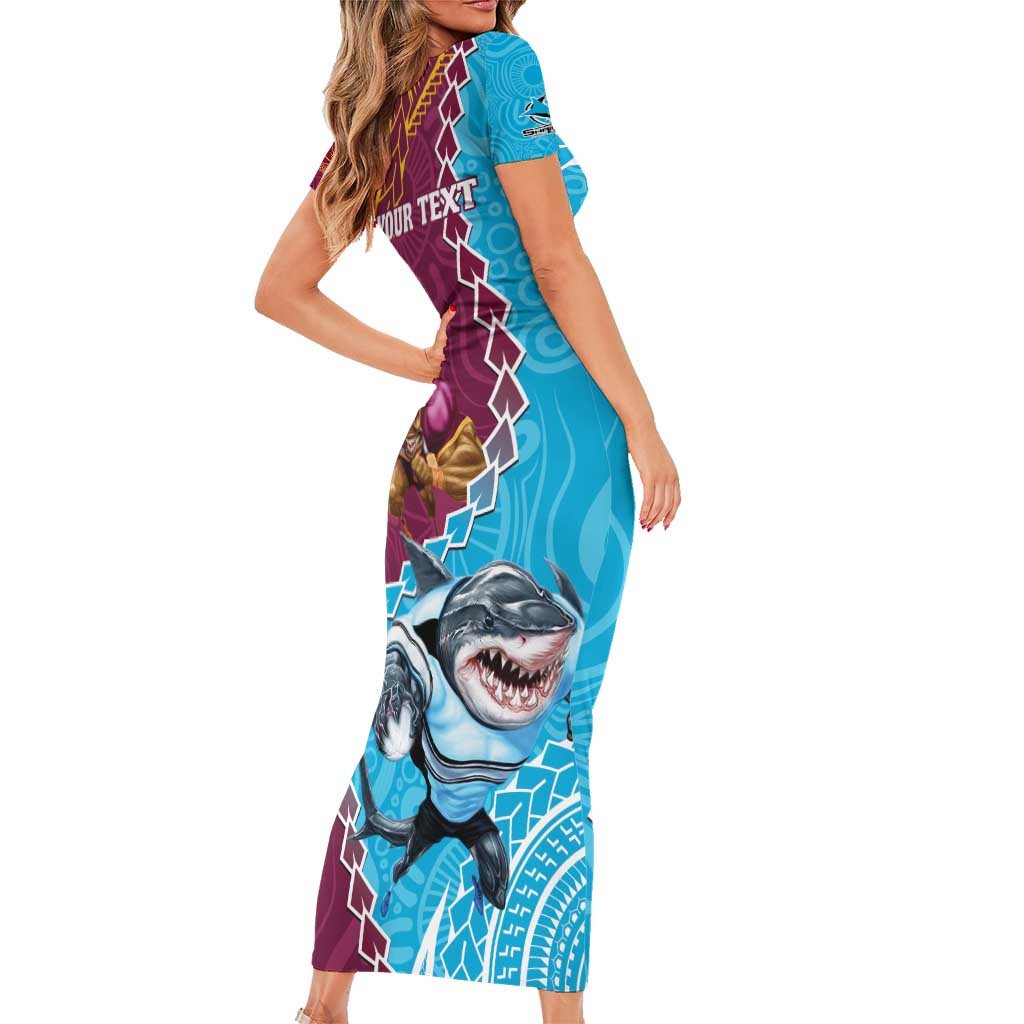 Personalised Sharks And Broncos Rugby Short Sleeve Bodycon Dress Aboriginal Mix Polynesian Pattern
