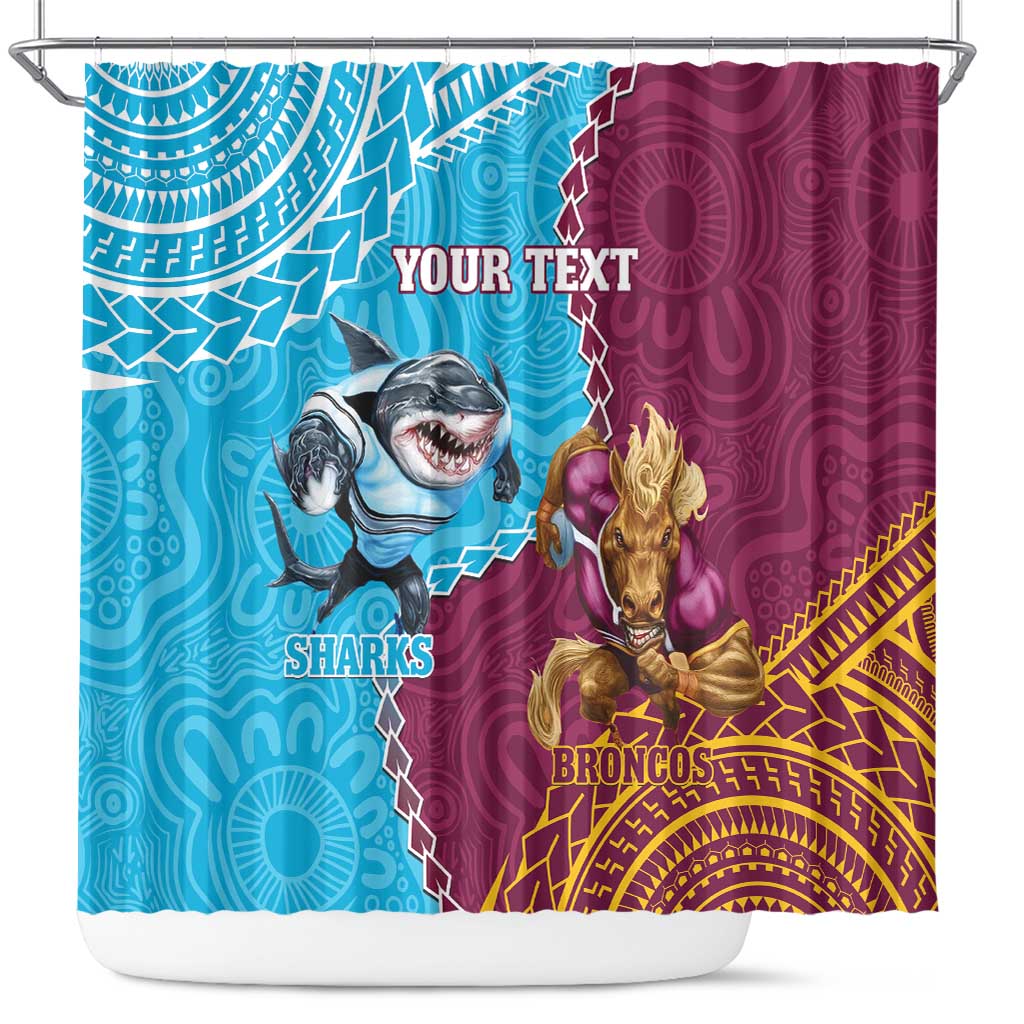 Personalised Sharks And Broncos Rugby Shower Curtain Aboriginal Mix Polynesian Pattern