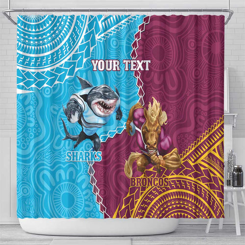 Personalised Sharks And Broncos Rugby Shower Curtain Aboriginal Mix Polynesian Pattern