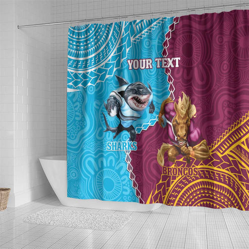 Personalised Sharks And Broncos Rugby Shower Curtain Aboriginal Mix Polynesian Pattern