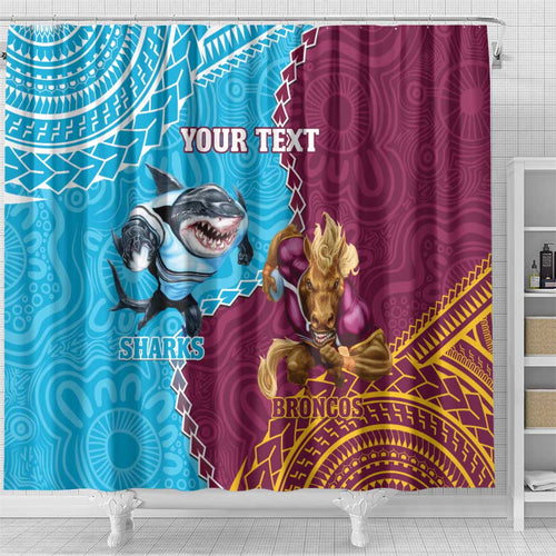 Personalised Sharks And Broncos Rugby Shower Curtain Aboriginal Mix Polynesian Pattern