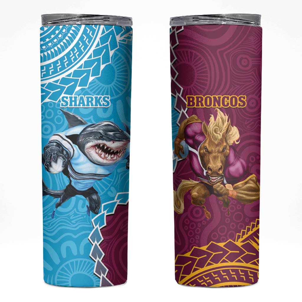 Sharks And Broncos Rugby Skinny Tumbler Aboriginal Mix Polynesian Pattern