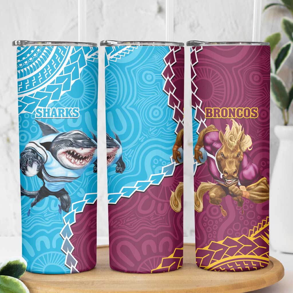 Sharks And Broncos Rugby Skinny Tumbler Aboriginal Mix Polynesian Pattern