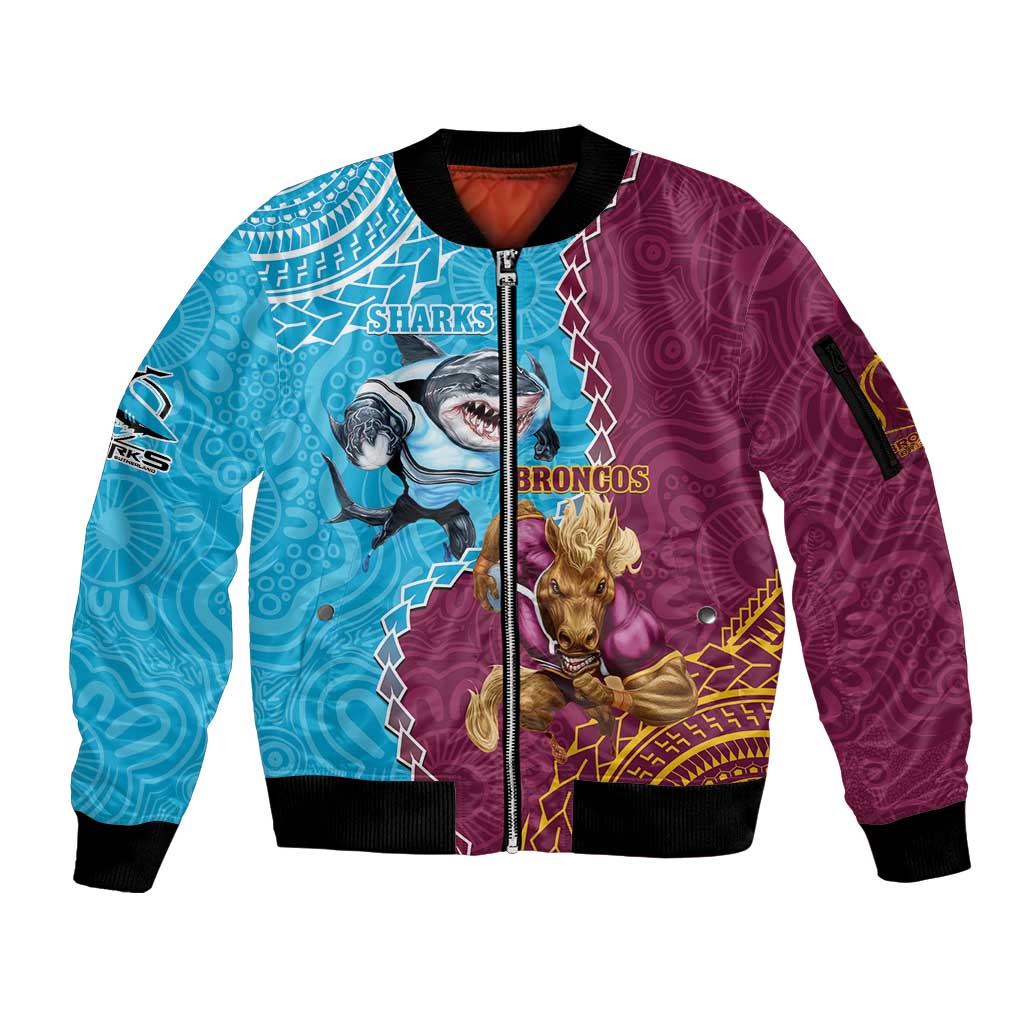 Personalised Sharks And Broncos Rugby Sleeve Zip Bomber Jacket Aboriginal Mix Polynesian Pattern