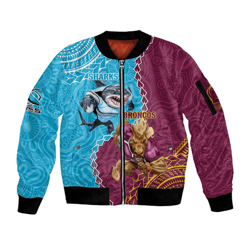 Personalised Sharks And Broncos Rugby Sleeve Zip Bomber Jacket Aboriginal Mix Polynesian Pattern