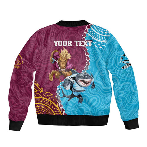 Personalised Sharks And Broncos Rugby Sleeve Zip Bomber Jacket Aboriginal Mix Polynesian Pattern