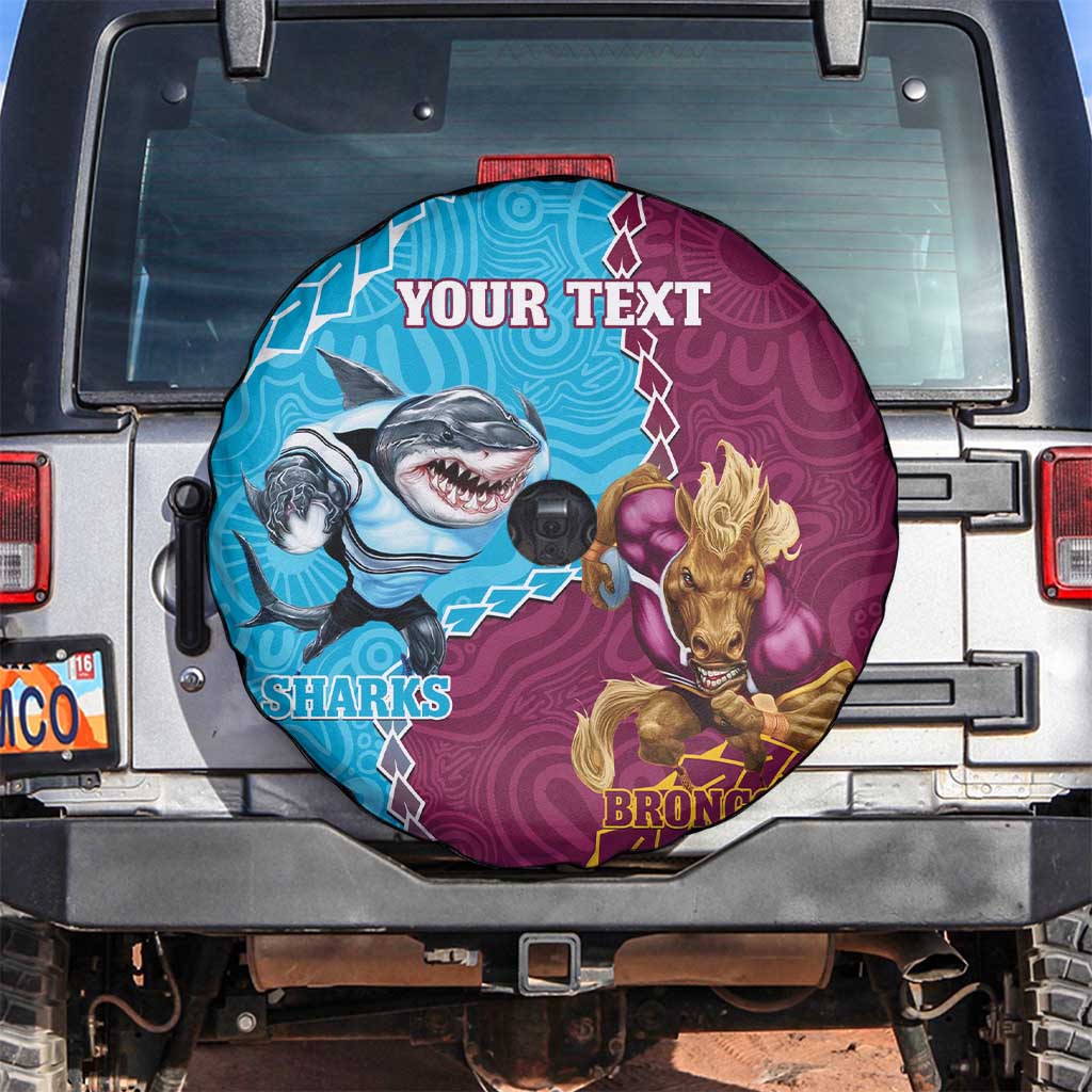 Personalised Sharks And Broncos Rugby Spare Tire Cover Aboriginal Mix Polynesian Pattern