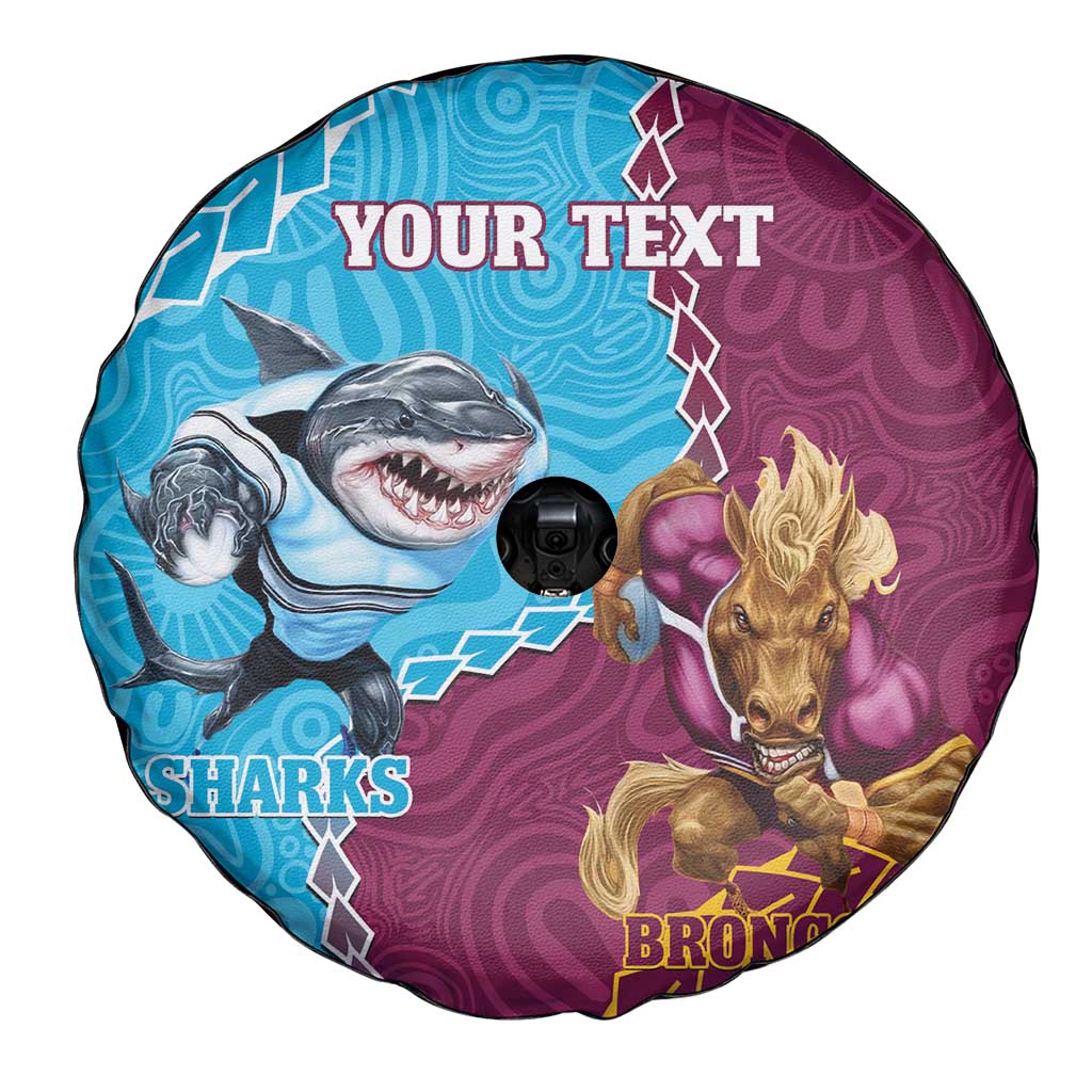 Personalised Sharks And Broncos Rugby Spare Tire Cover Aboriginal Mix Polynesian Pattern