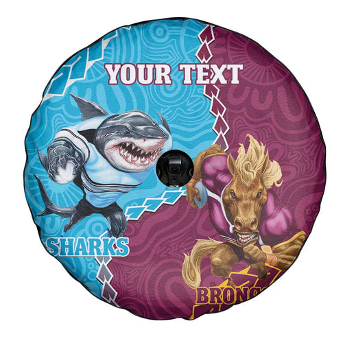 Personalised Sharks And Broncos Rugby Spare Tire Cover Aboriginal Mix Polynesian Pattern