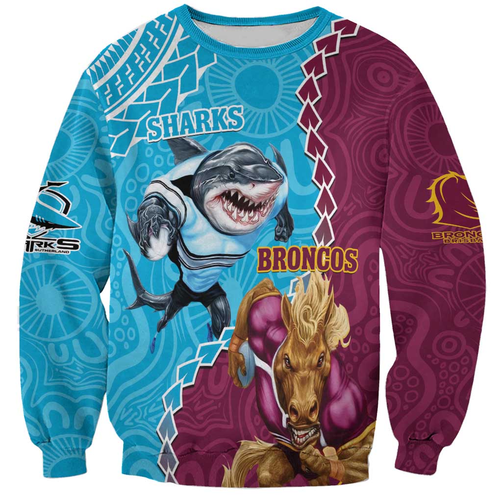 Personalised Sharks And Broncos Rugby Sweatshirt Aboriginal Mix Polynesian Pattern