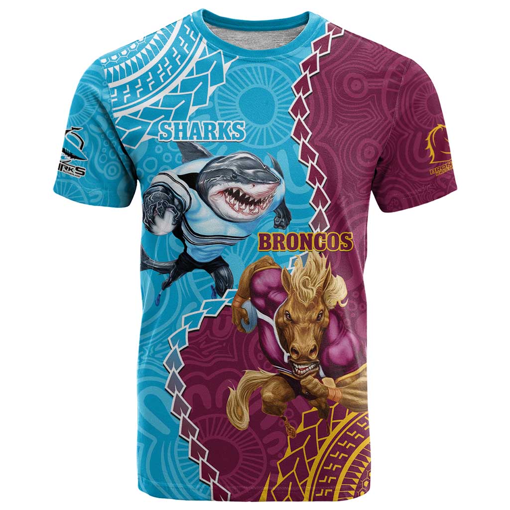 Personalised Sharks And Broncos Rugby T Shirt Aboriginal Mix Polynesian Pattern