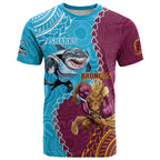 Personalised Sharks And Broncos Rugby T Shirt Aboriginal Mix Polynesian Pattern