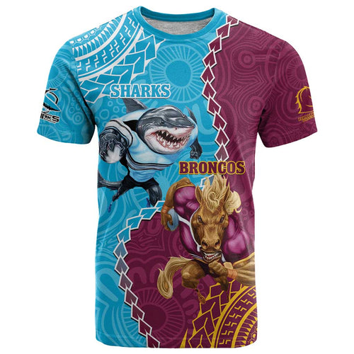 Personalised Sharks And Broncos Rugby T Shirt Aboriginal Mix Polynesian Pattern
