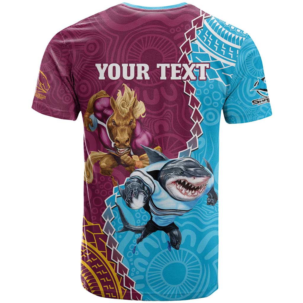 Personalised Sharks And Broncos Rugby T Shirt Aboriginal Mix Polynesian Pattern