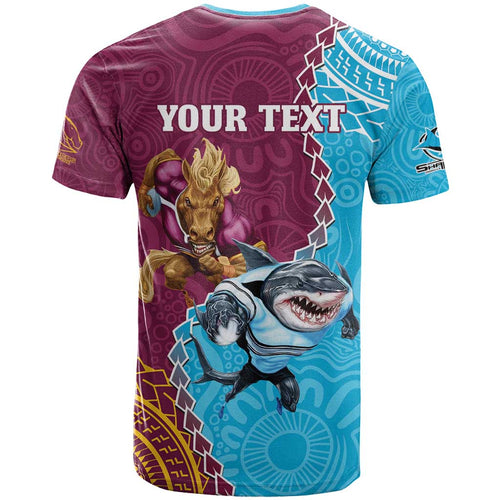 Personalised Sharks And Broncos Rugby T Shirt Aboriginal Mix Polynesian Pattern