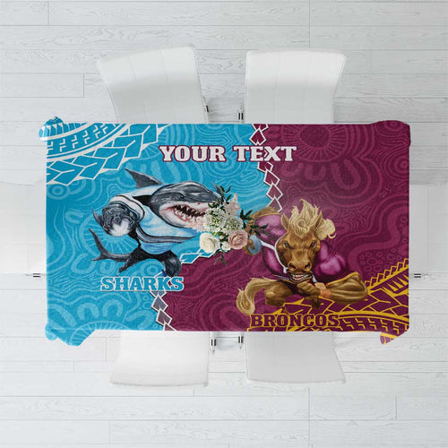 Personalised Sharks And Broncos Rugby Tablecloth Aboriginal Mix Polynesian Pattern