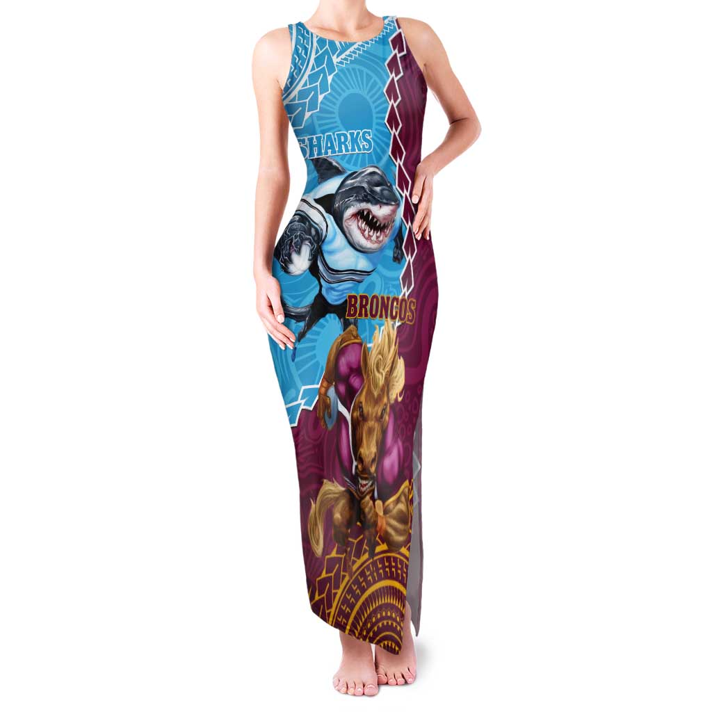 Personalised Sharks And Broncos Rugby Tank Maxi Dress Aboriginal Mix Polynesian Pattern