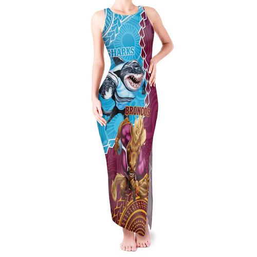 Personalised Sharks And Broncos Rugby Tank Maxi Dress Aboriginal Mix Polynesian Pattern
