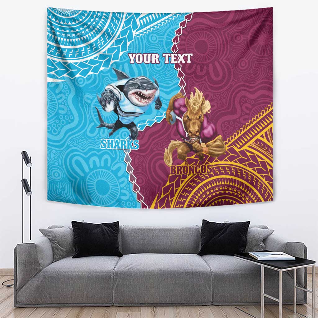 Personalised Sharks And Broncos Rugby Tapestry Aboriginal Mix Polynesian Pattern