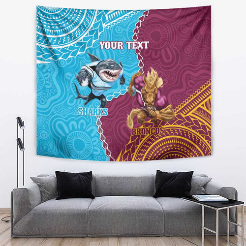 Personalised Sharks And Broncos Rugby Tapestry Aboriginal Mix Polynesian Pattern