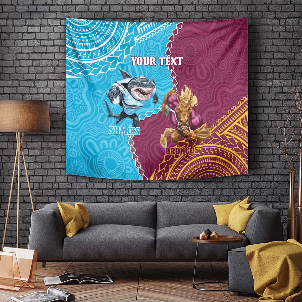 Personalised Sharks And Broncos Rugby Tapestry Aboriginal Mix Polynesian Pattern