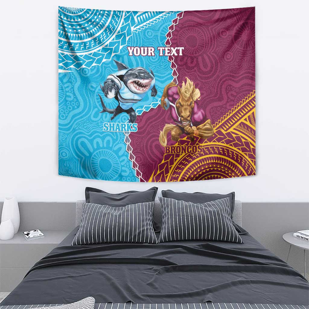 Personalised Sharks And Broncos Rugby Tapestry Aboriginal Mix Polynesian Pattern