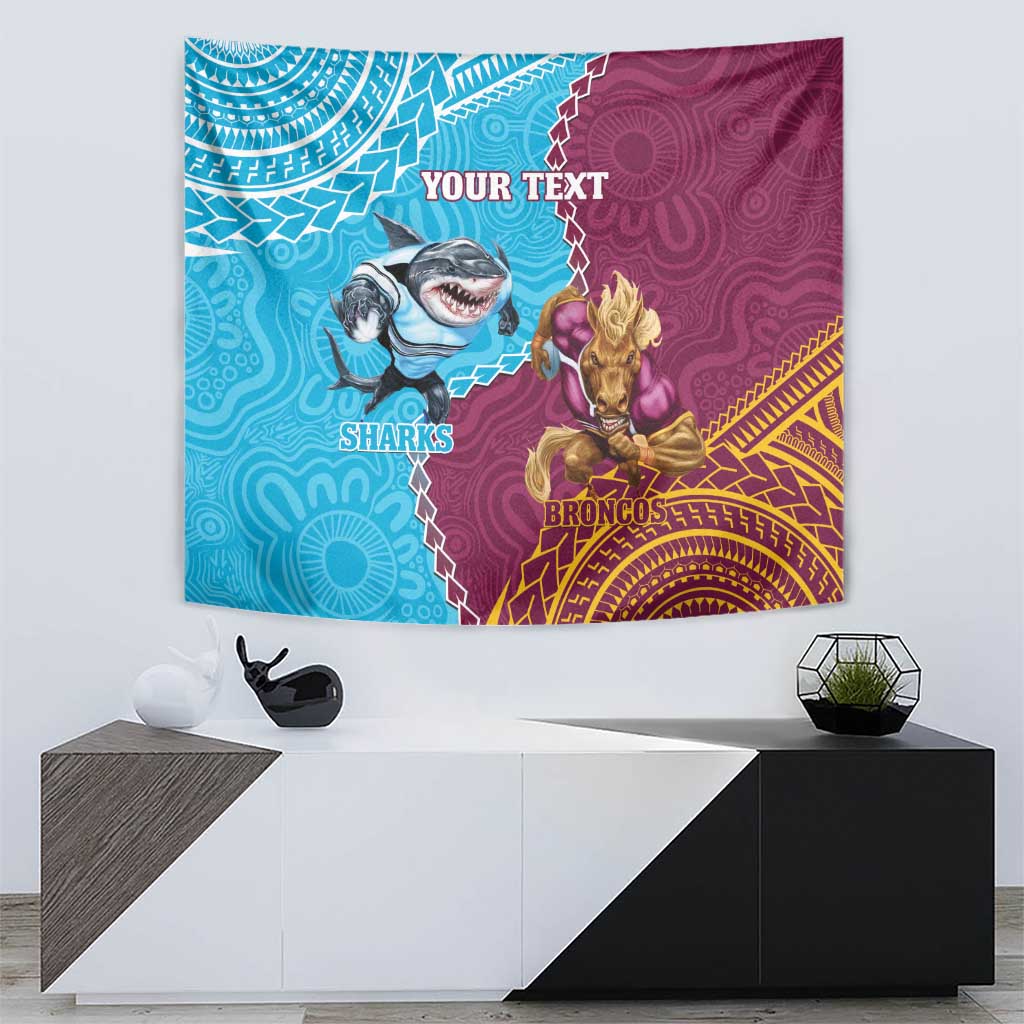 Personalised Sharks And Broncos Rugby Tapestry Aboriginal Mix Polynesian Pattern