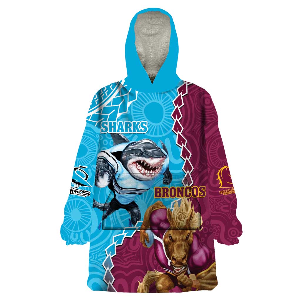 Personalised Sharks And Broncos Rugby Wearable Blanket Hoodie Aboriginal Mix Polynesian Pattern