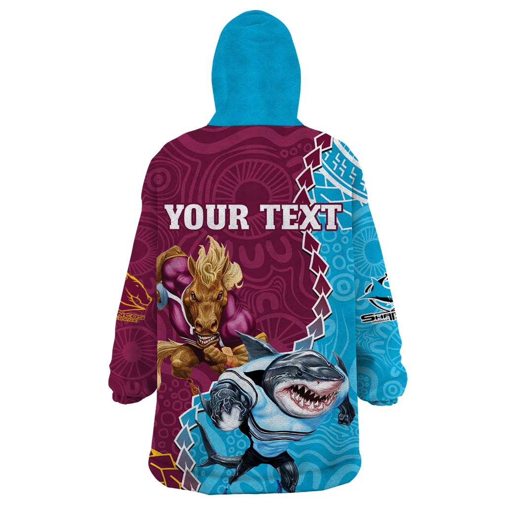 Personalised Sharks And Broncos Rugby Wearable Blanket Hoodie Aboriginal Mix Polynesian Pattern
