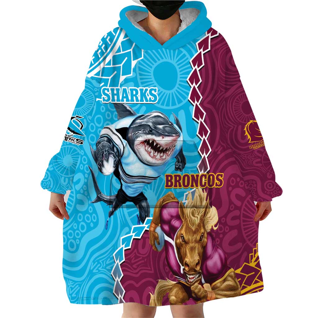 Personalised Sharks And Broncos Rugby Wearable Blanket Hoodie Aboriginal Mix Polynesian Pattern