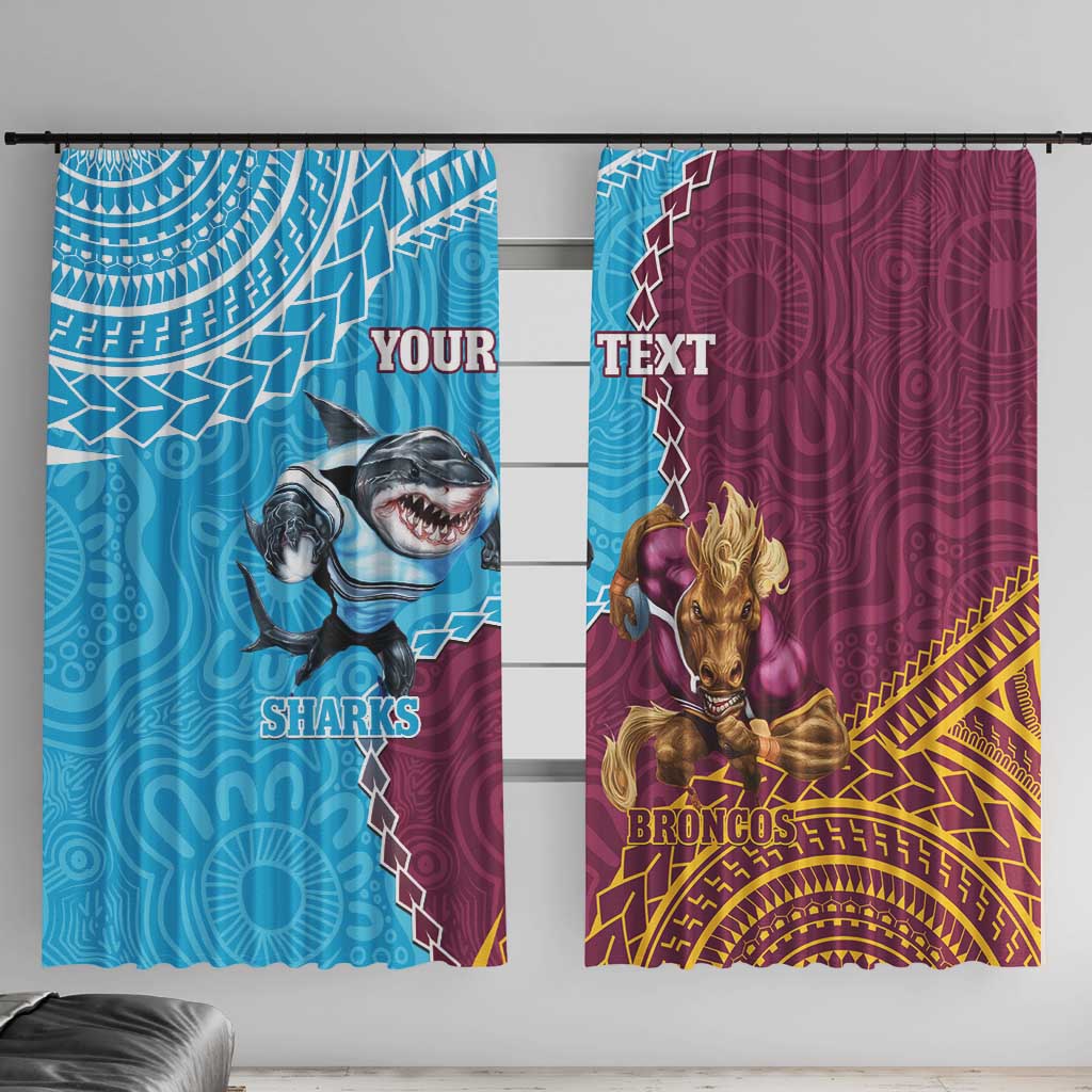 Personalised Sharks And Broncos Rugby Window Curtain Aboriginal Mix Polynesian Pattern